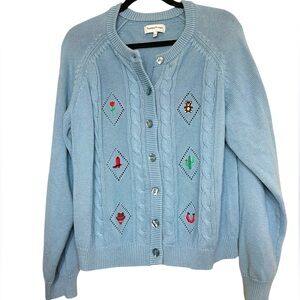 Teddy Fresh Light Blue Embroidered Cardigan, Western Themed, XL